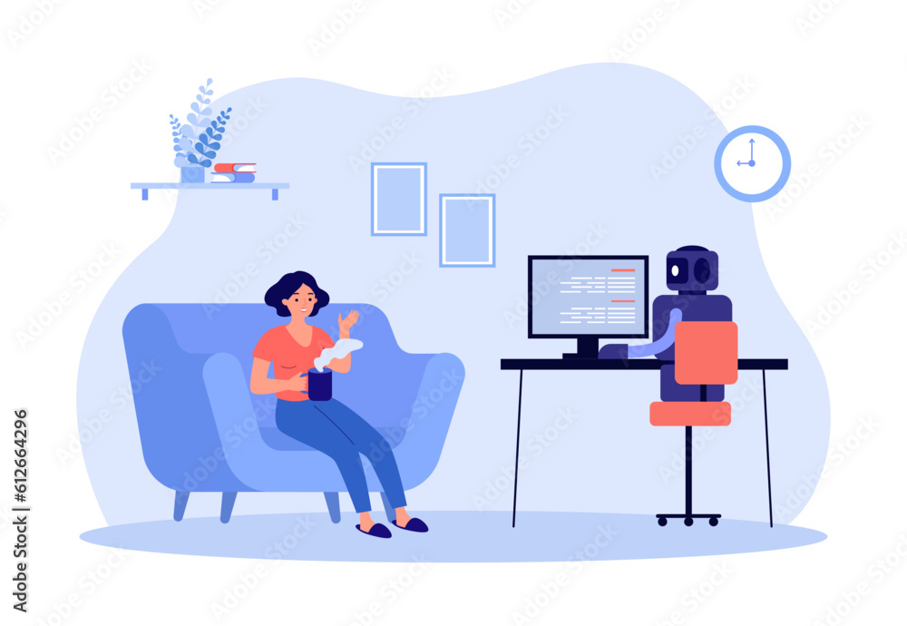 Poster happy woman on couch talking to robot vector illustration. ai working on computer while human relaxi