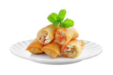 Fried Chinese Traditional Spring rolls food in ceramic plate (beautiful shape) on transparent png