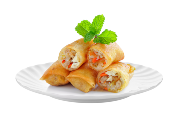 Fried Chinese Traditional Spring rolls food in ceramic plate (beautiful shape) on transparent png
