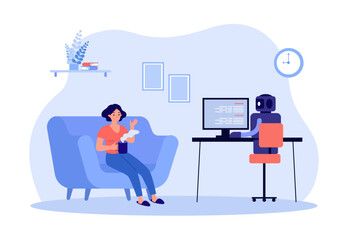 Happy woman on couch talking to robot vector illustration. AI working on computer while human relaxing, creating and sharing ideas, saving budget. Good aspects of AI, smart technology concept
