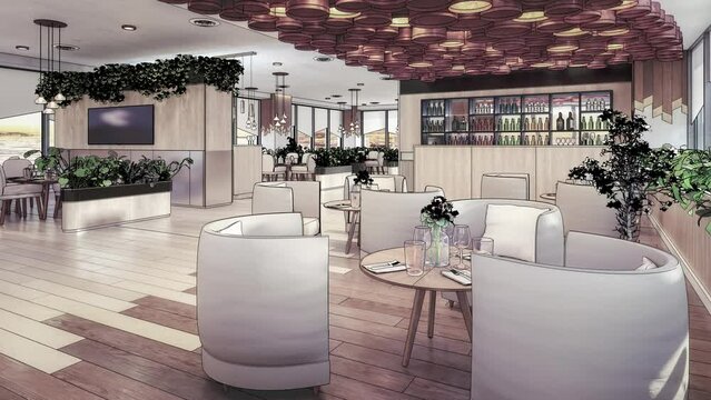 Interior Project of an elegant modern Restaurant with a Bar Area - loopable 3D Visualization