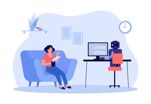Happy woman on couch talking to robot vector illustration. AI working on computer while human relaxing, creating and sharing ideas, saving budget. Good aspects of AI, smart technology concept
