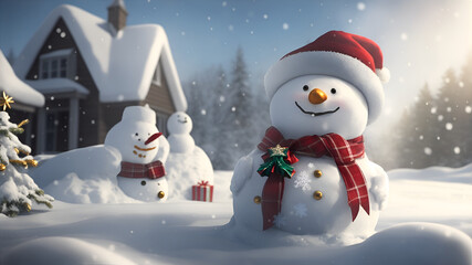 Fototapeta premium Christmas banner of gift boxes on snow outside with snowman. Generative AI