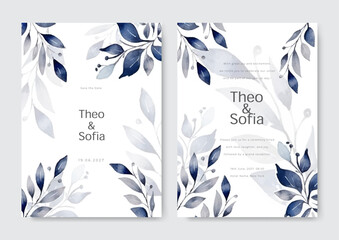 Floral decoration flyers postcards blue style vector illustration design. Watercolor wedding invitation template.