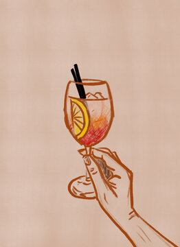 Painted hand holding glass of Aperol.