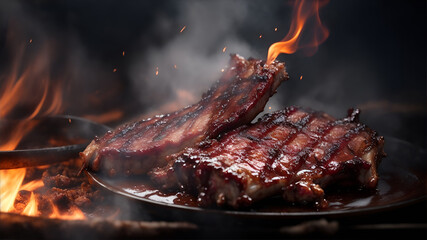 Juicy grilled pork ribs on fire. Generative AI