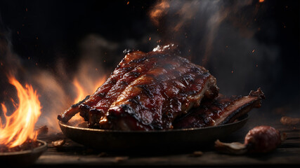 Juicy grilled pork ribs on fire. Generative AI