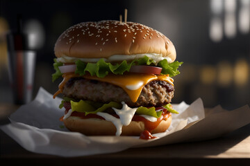 Tasty burger with French fries. Generative AI