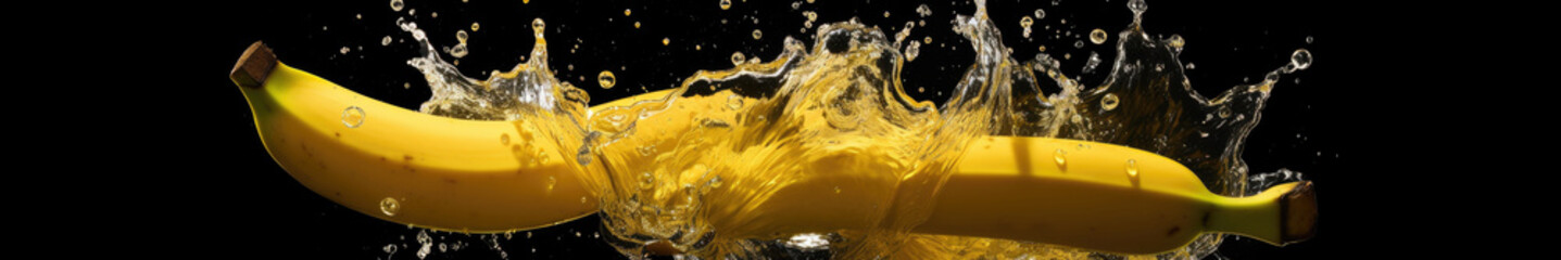 Obraz premium Fresh bananas falling into water with a big splash. Wide banner. Generative AI
