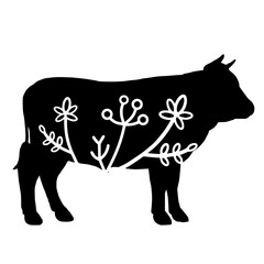 Cow. Vector animal with floral element. Illustration. Animal silhouette. Black isolated silhouette