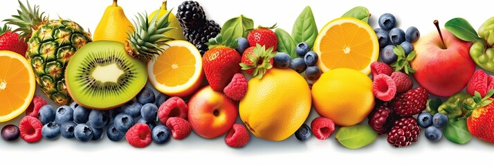 Assortment of Fresh fruits mixed on white background. Fresh fruits. Wide banner. Generative AI