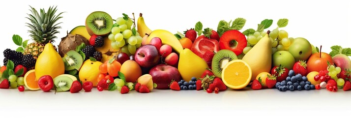 Assortment of Fresh fruits mixed on white background. Fresh fruits. Wide banner. Generative AI