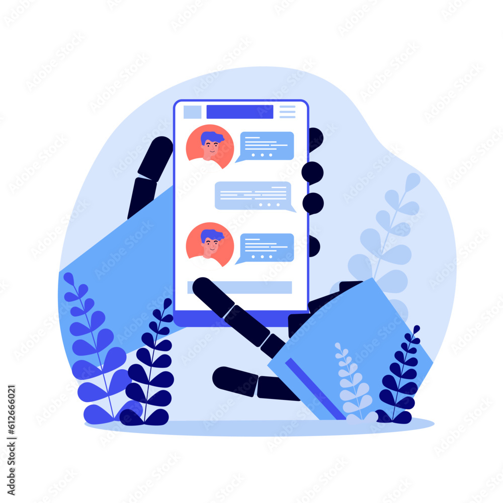 Poster hands of robot holding smartphone vector illustration. mobile interface of messenger app with chatbo
