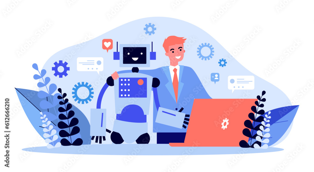Poster happy man hugging robot vector illustration. human and chatbot working together, communicating via m