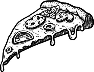 Transparent cartoon pizza illustration. Hand draw black and white line art graphic italian pizza slice clip art element.