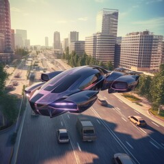 The flying car of the future flies in the city Generative AI