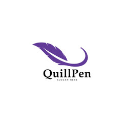 Inkwell and quill logo template. Ink bottle and quill pen vector design.