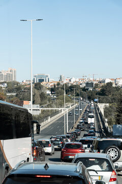 Traffic jam at the entrance to the city of lisbon