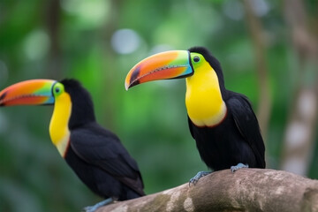 Toucan sitting on a branch in forest green vegetation
