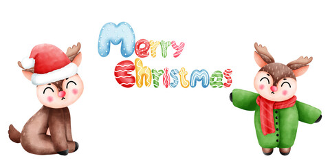 Merry Christmas with baby rudolph in a red beanie hat,scarf and green coat clipart.