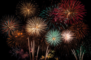 Fototapeta premium fireworks with black background in full view fireworks in bright colors