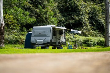 Off grid camping in a caravan with solar panels, on a holiday Adventure in NSW, Australia Pristine Bushland