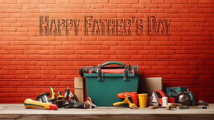 Generative AI image of a sturdy tool box filled with essential tools, embodying the spirit of Father's Day, celebrating fathers as skilled craftsmen and providers, with text Happy Father's Day