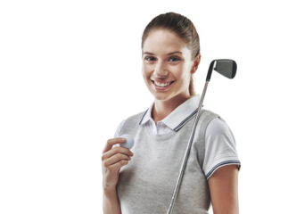 Portrait, golf and woman with a smile, fitness and player isolated against a transparent background. Face, female person or model with golfing equipment, png or training for a competition or wellness