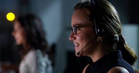 Call center, customer service and face of woman at night talking, contact us and help in office. Communication, network and portrait of female consultant for crm support, consulting and telemarketing - Powered by Adobe