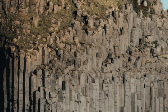 Hexagonal basalt columns on Reynisfjara formed from volcanic lava flow