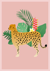 Tropical vector illustration with a cheetah and plants.