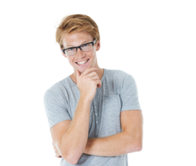 Happy, nerd and portrait of man on transparent background for geek, glasses and pride. Happiness, smile and youth with male person isolated on png for learning, education and hipster vision style