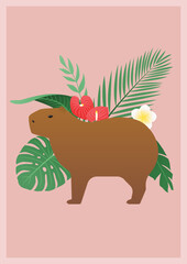 Tropical vector illustration with a capybara and plants.