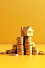 One miniature house on top of a pile of golden coins. Home financing conceptual image. Generated with Ai technology.