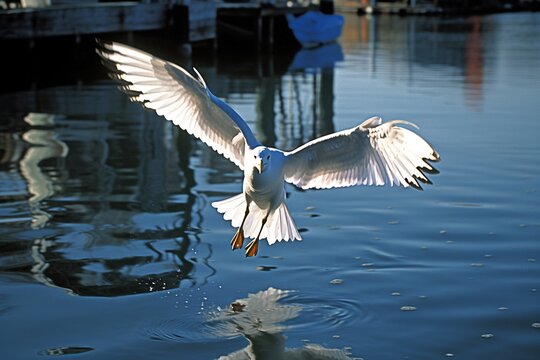 White Seagull Flying Over Calm Water with Reflection - AI Generative