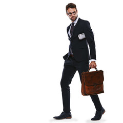 Business, work and man with a briefcase for professional, job and corporate worker with a newspaper...