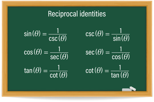 Reciprocal Identities. Trigonometry Formula on a green chalkboard. School. Math. Vector illustration. 