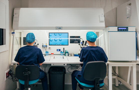 Female biologists working on samples with computer in clinic