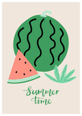 Vector illustration of watermelons and tropical leaf.