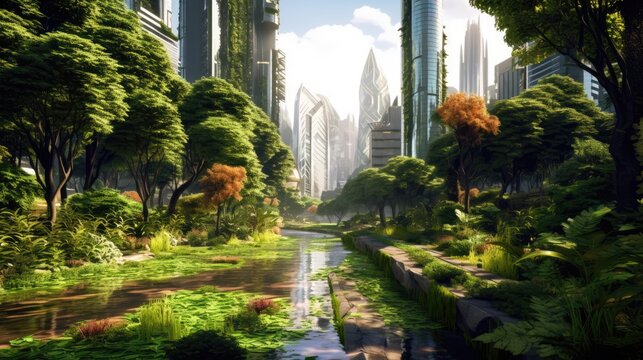 Modern Solar Forest Cityscape - Landscape with a Modern Solar Forest City created with Generative AI Technology
