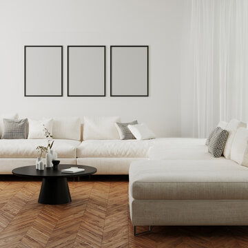 Three poster frames mock up in modern living room interior above sofa