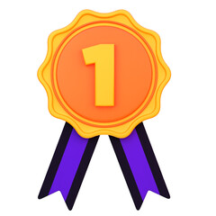 3D Illustration award medal with ribbon object. Winner medal with a number. Premium quality label. Sports reward concept. Cartoon creative design icon isolated on transparent background
