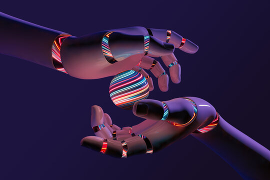 Robot hands holding an artificial intelligence sphere