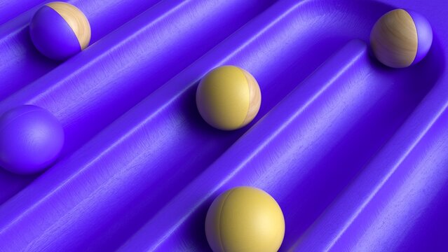 Abstract 3D Purple wood play board trail and wooden spheres or balls.