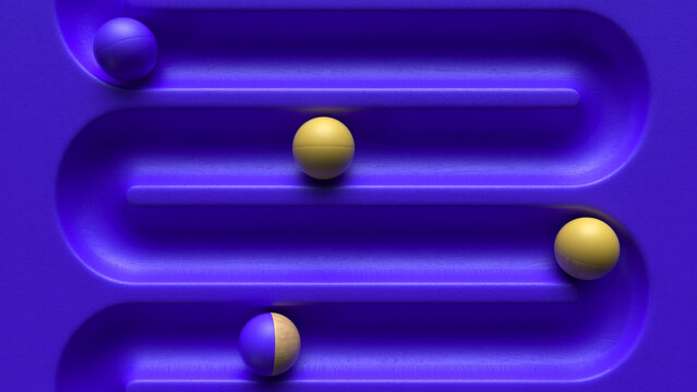 Abstract 3D Purple wood play board trail and wooden spheres or balls.