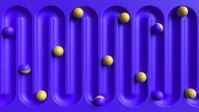 Abstract 3D Purple wood play board trail and wooden spheres or balls.