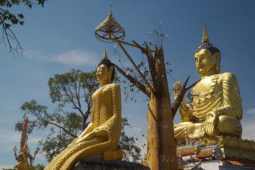 Pra Put Ratanamani Srihathai Naresuan or Luang Por Pan Lan and Buddha Parileyyaka large golden sitting outdoor Buddha in Wat Maniwong. It is a faithful Buddha image. Located at Nakhon Nayok, Thailand.