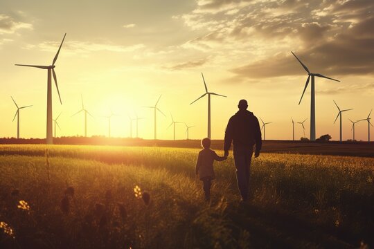 Young engineer man caring for his daughter and looking at the windmill field at sunset concept of renewable energy love nature family electricity green future