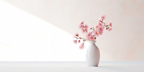A vase of pink flowers sits on a pale pink tablecloth, against a white background, minimalist home decor