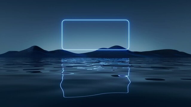 Dark lake with glowing neon lines, 3d rendering.